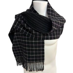 SUSU Wool Cashmere Reversible Scarf  - Grid & Pinstripe -  Black Purple Cream